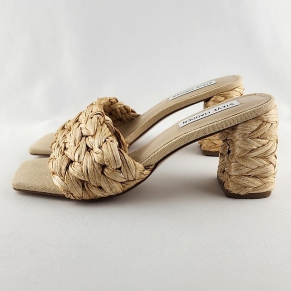 STEVE MADDEN Laveda Woven Natural Slip On Sandals Block Heel Square Toe Sz 6.5M - Picture 6 of 12